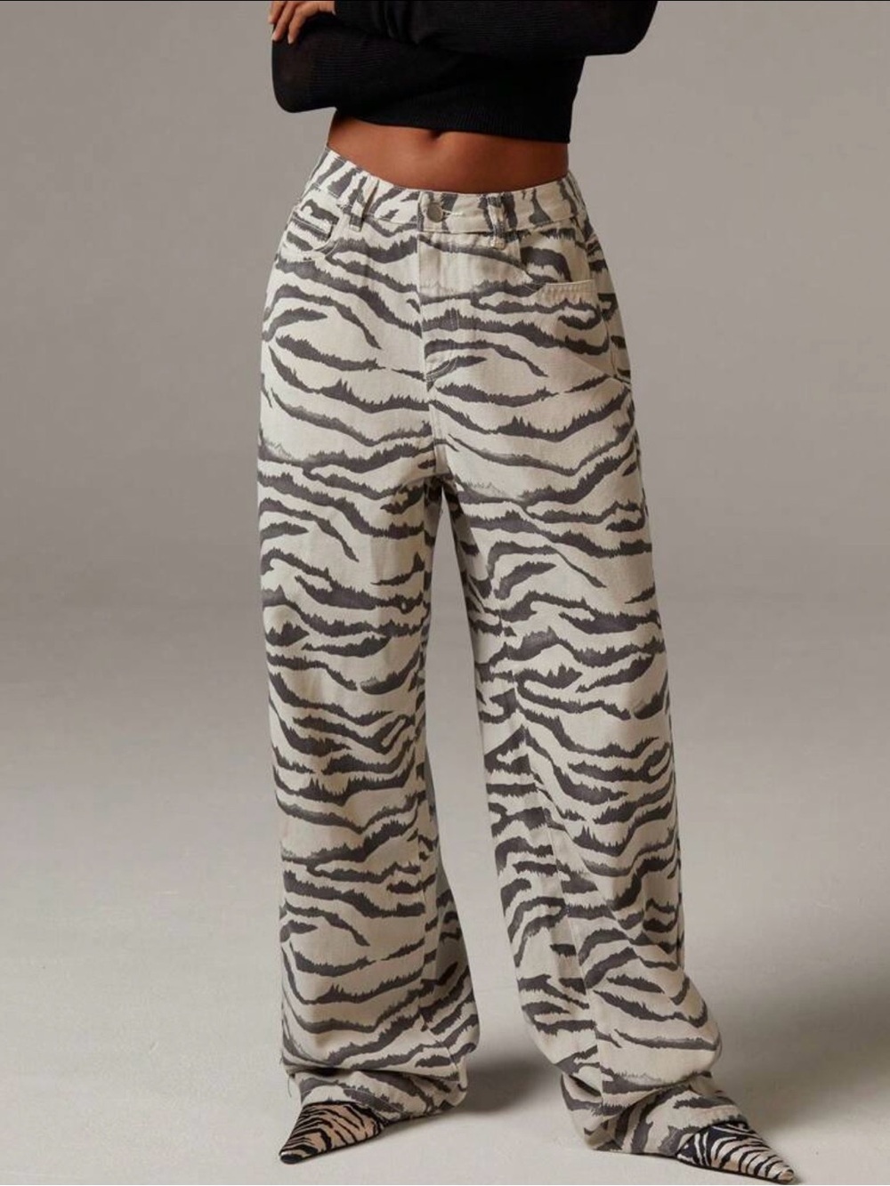 Zebra-Print Wide Leg Pants in Cream and Gray
